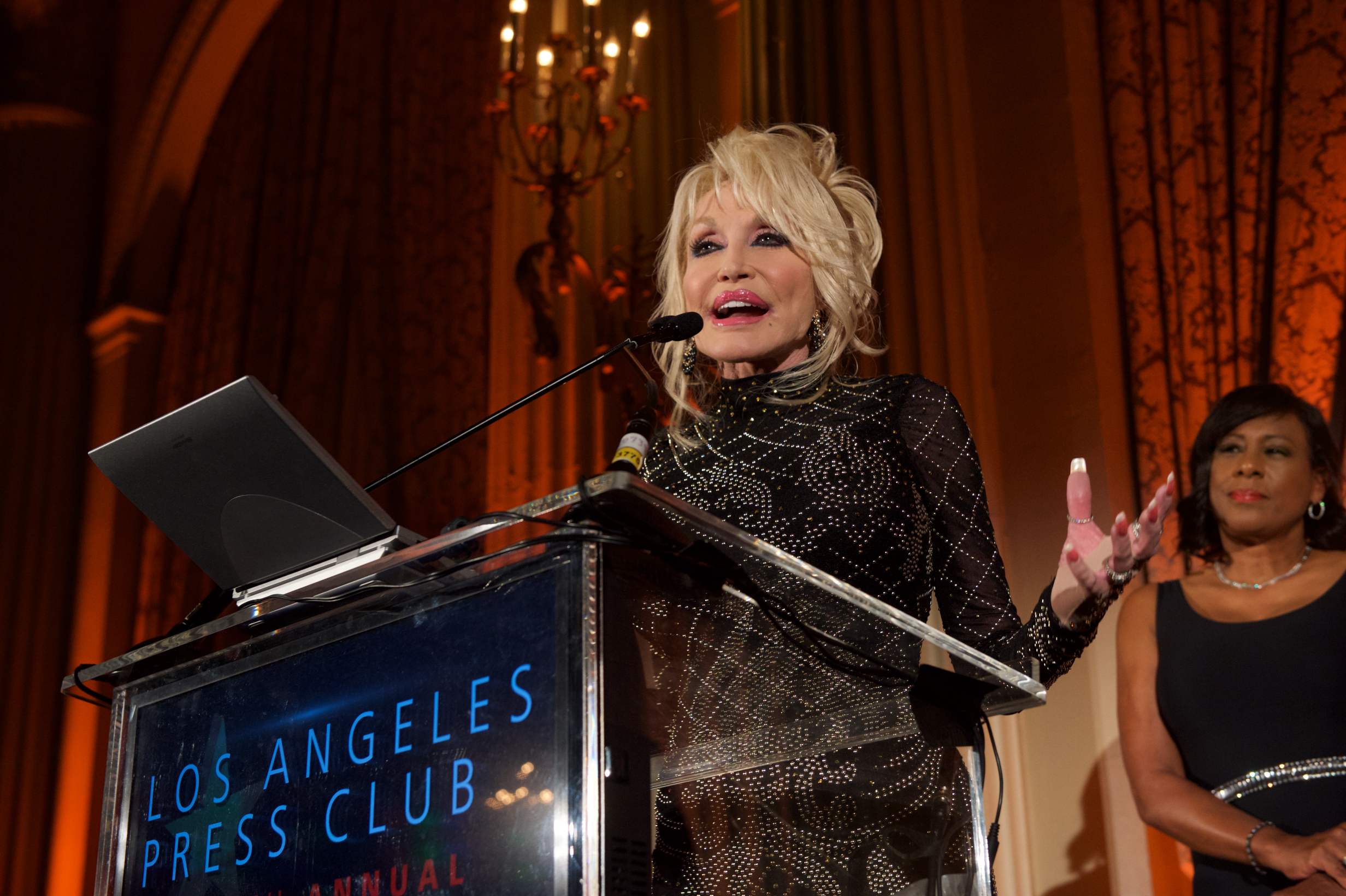 Bill Rosendahl Public Service Award for Contributions to Civic Life 2018 Recipient Dolly Parton by Gary Leonard Dolly Parton delivers a speech after receiving the Bill Rosendahl Public Service Award for Contributions to Civic Life at the 60th Southern California Journalism Awards in 2018. Photo by Gary Leonard.